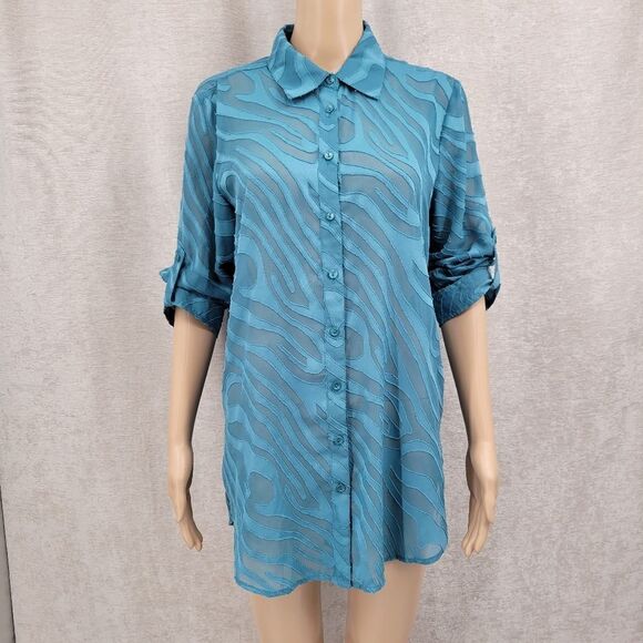 a la carte Blue Burn Out Sheer Zebra Pattern Tunic Adjustable Sleeves - Picture 6 of 12